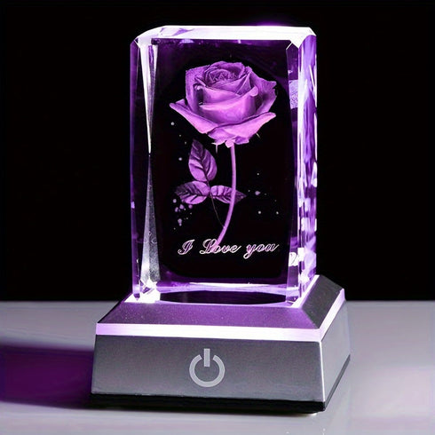 3D Laser Rose Crystal with Light Base Perfect Gift